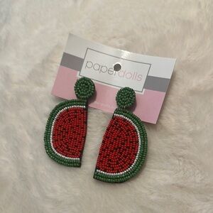 paper doll Watermelon Beaded Earrings - Red and Green